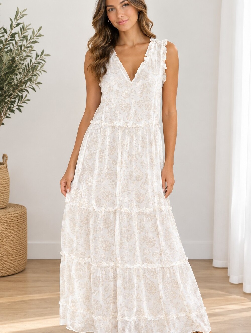 Tommy Hilfiger Light Cream Paisley Tiered Maxi Dress